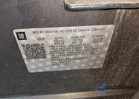 2018 Chevrolet Impala 1Fl z USA, uszkodzony, nr VIN 2G11X5S33J9164301